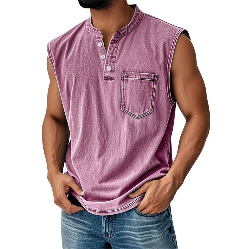 Men Sleeveless Beach Shirts Hawaiian Summer Shirt Button Vest Henley Tank Tops