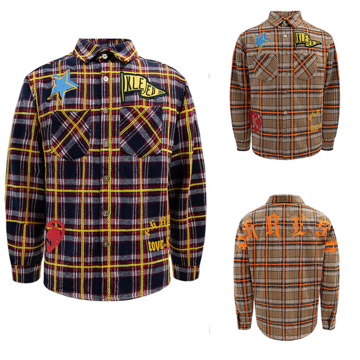 KLEEP Men’s Casual Premium Embroidered Patch Work Heavy Flannel Shirt KW5170D