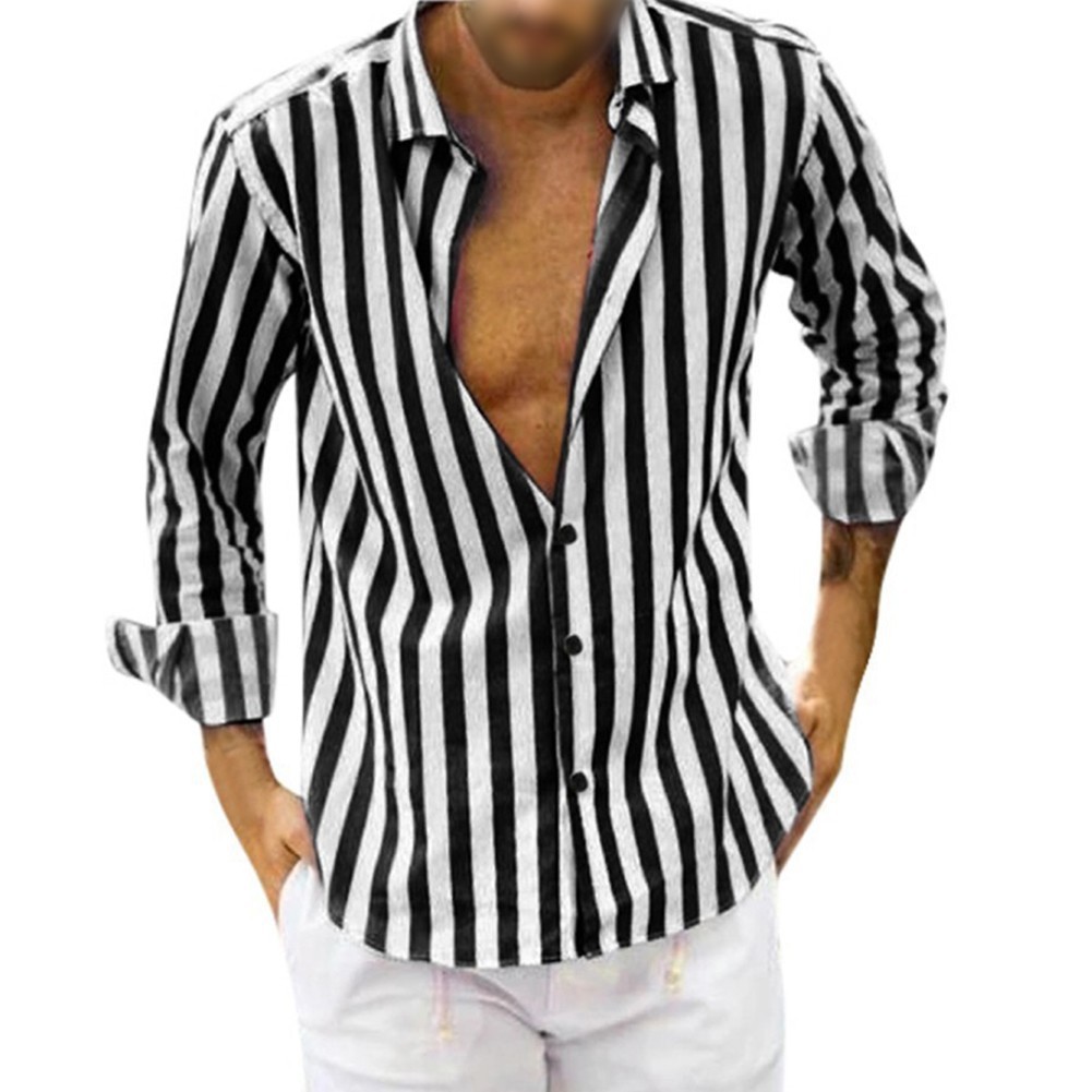Mens Turn Down Collar Long Sleeve Shirt Stripe Pattern Casual Daily