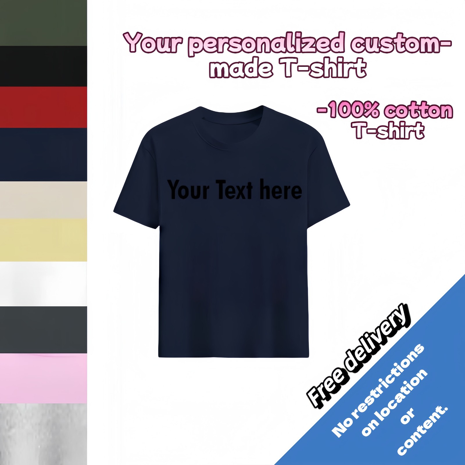 Customized text design, printed on personalized T-shirts.Design and print by you