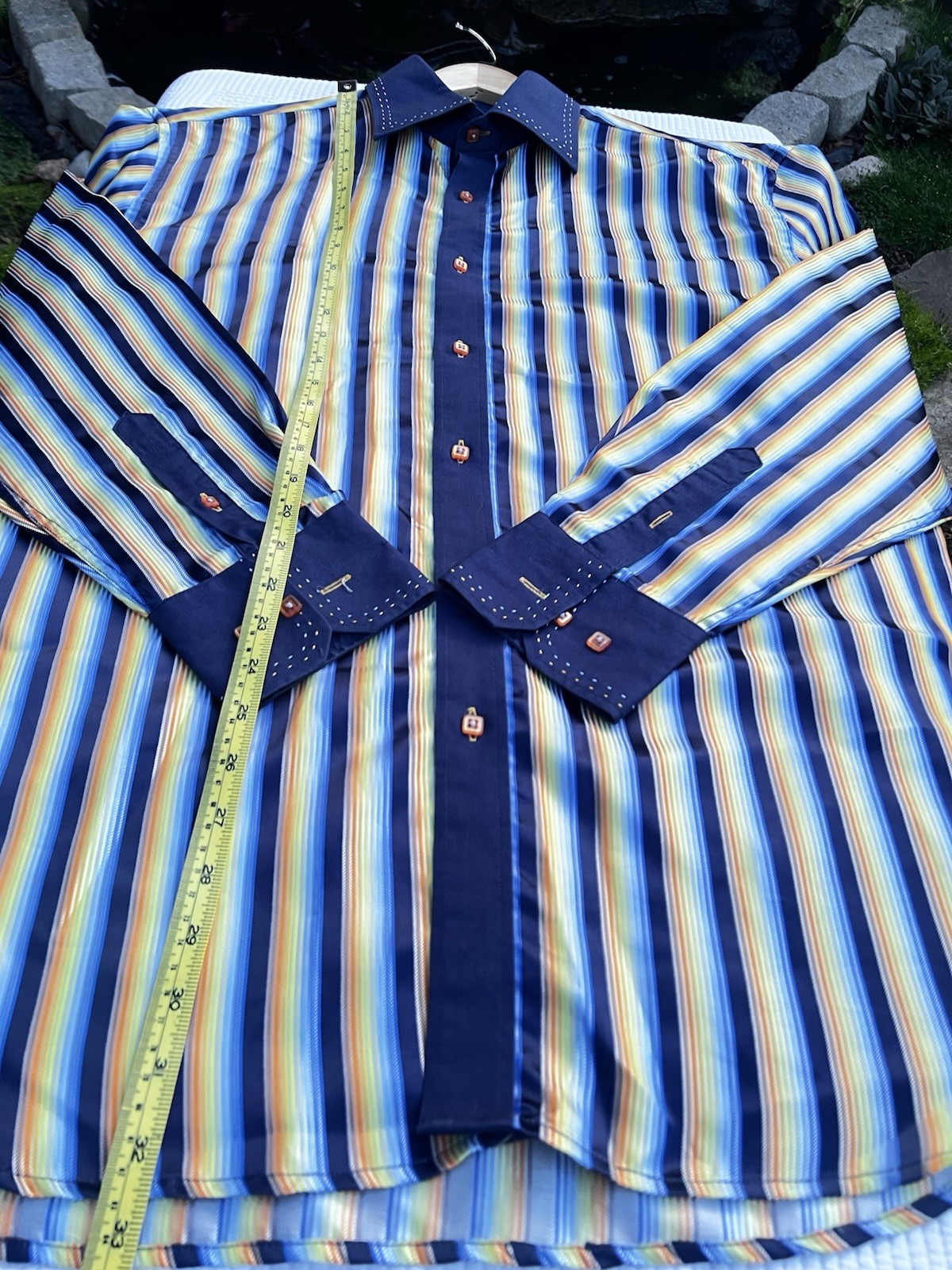 Steven Land XL Y2K Style Striped Dress Shirt Blue Contrast Collar Modern Fit