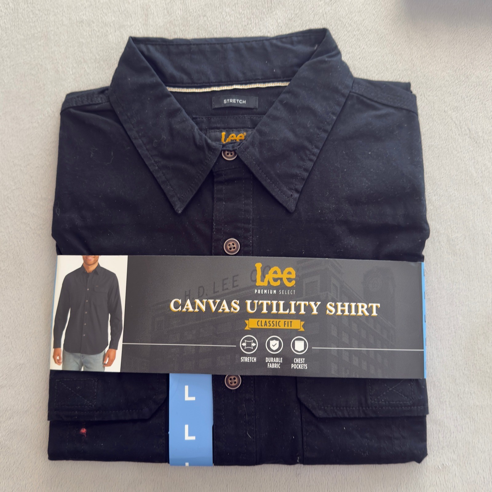 NEW! Lee Canvas Utility Shirt Mens Large Black Classic Fit Stretch Rugged Chore