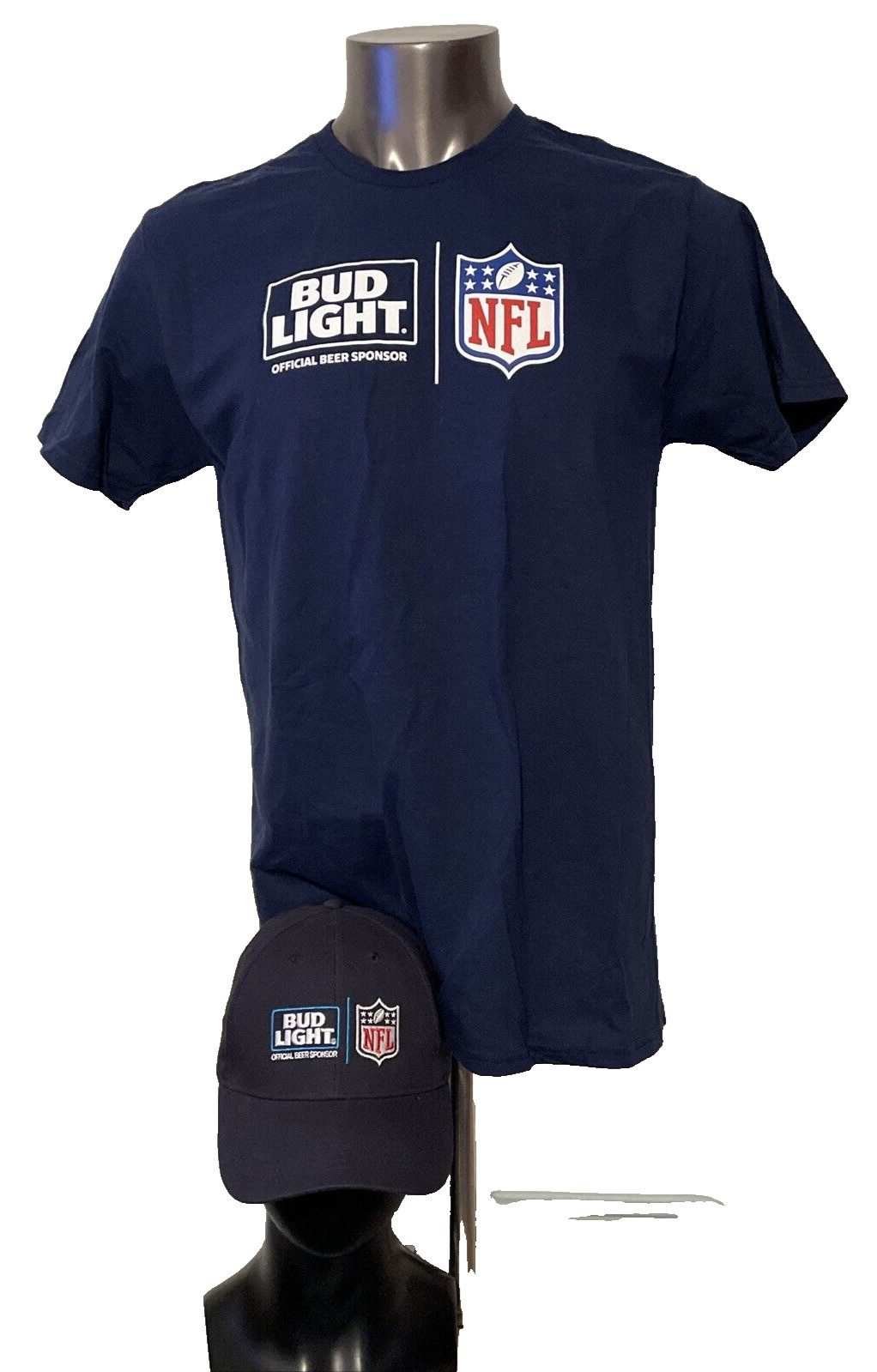 Bud Light Official Beer Sponsor NFL Navy Blue T-Shirt Size L and Snapback Hat