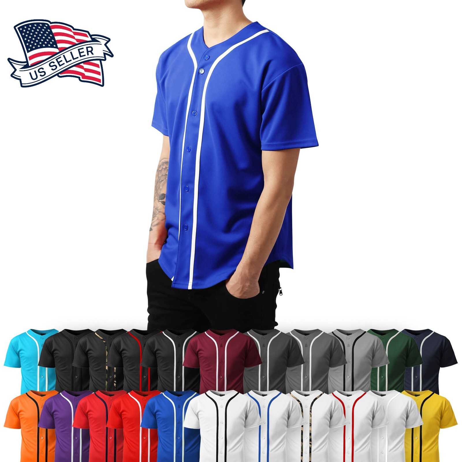 Mens Baseball Jersey Raglan Plain T Shirt Team Uniform Solid Hipster Button Tee