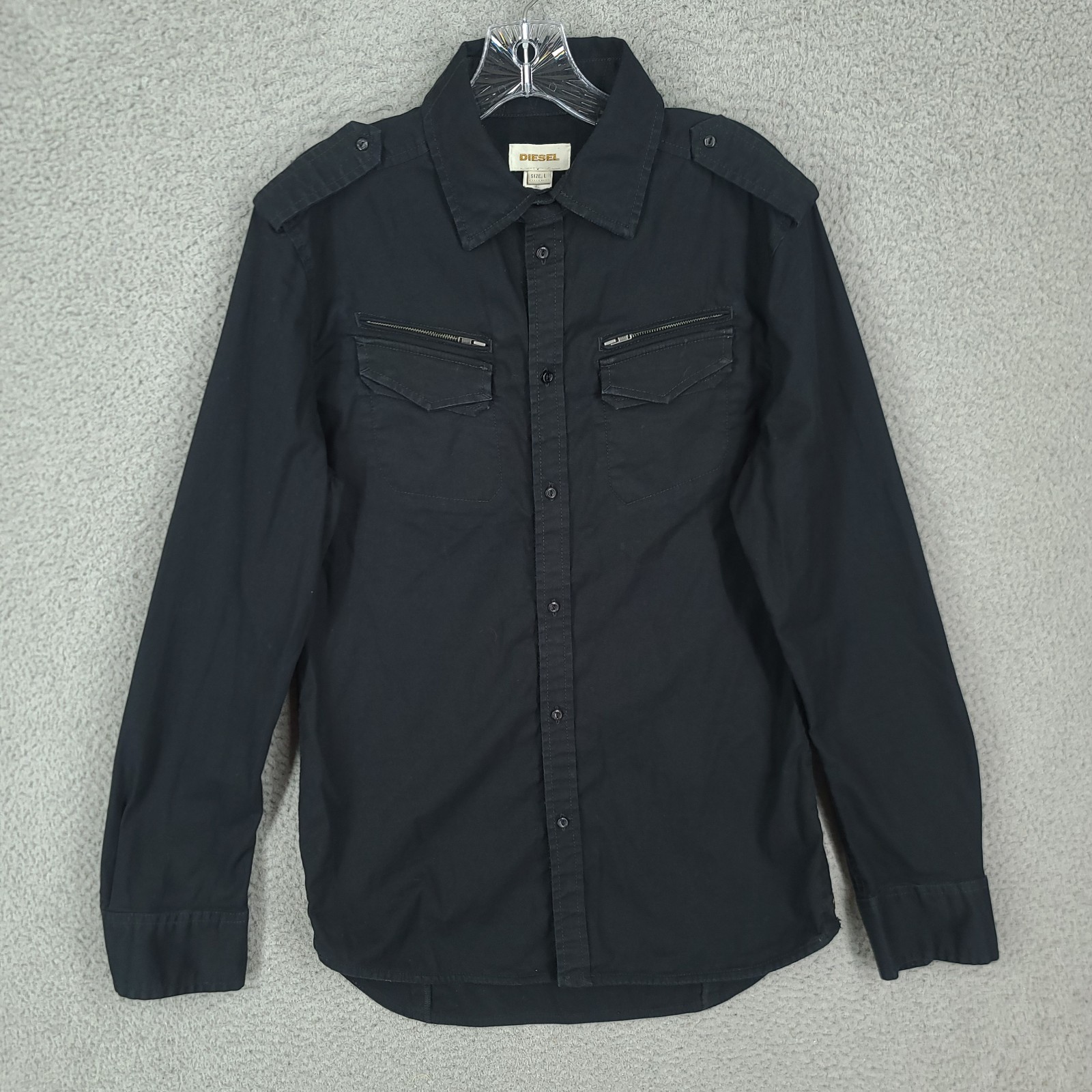 Diesel Shirt Mens Large Long Sleeve Button Military Utility Pockets Black Twill