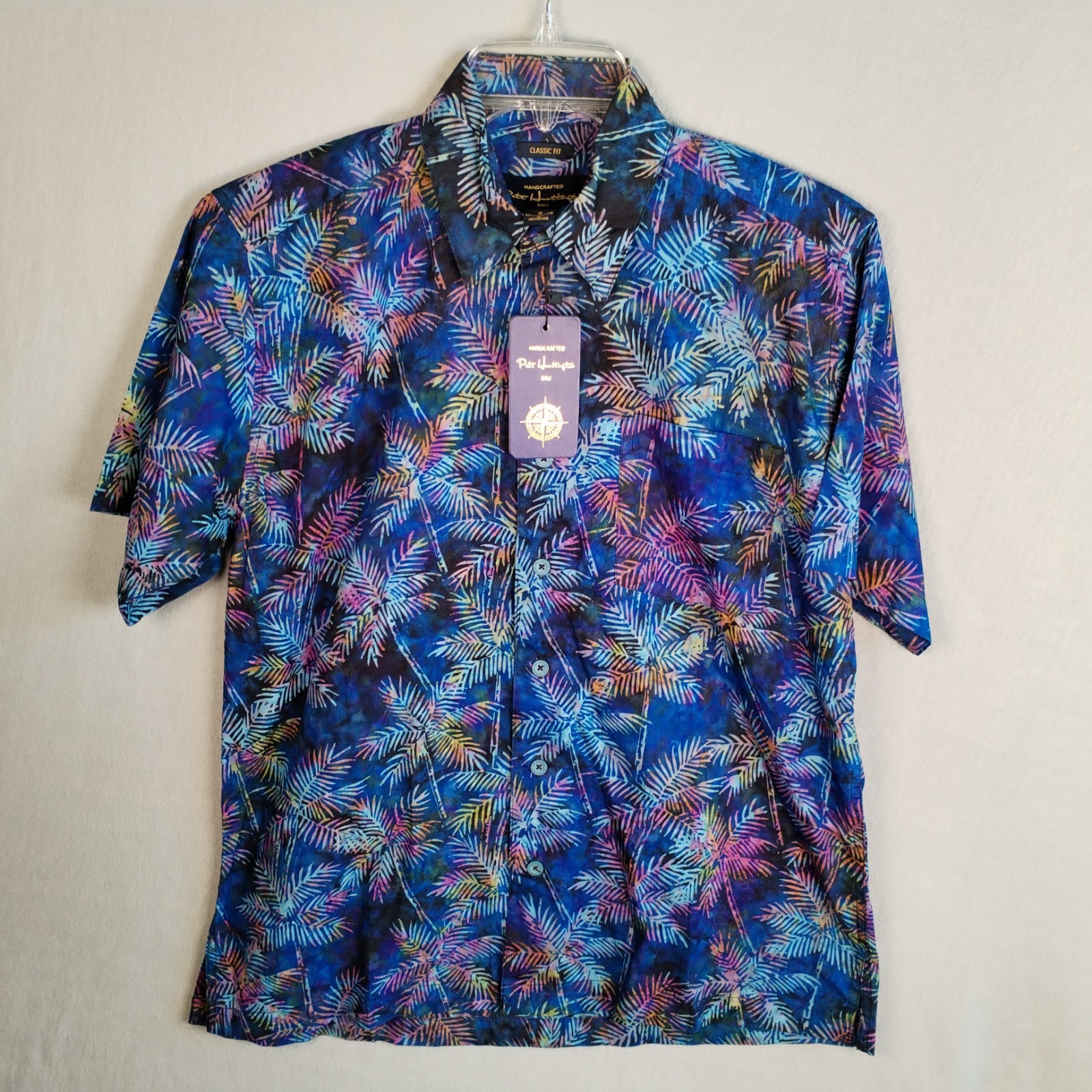 NWT Pete Huntington Bali Shirt Mens Small S Batik Palm Leaf Tropical Blue Pink