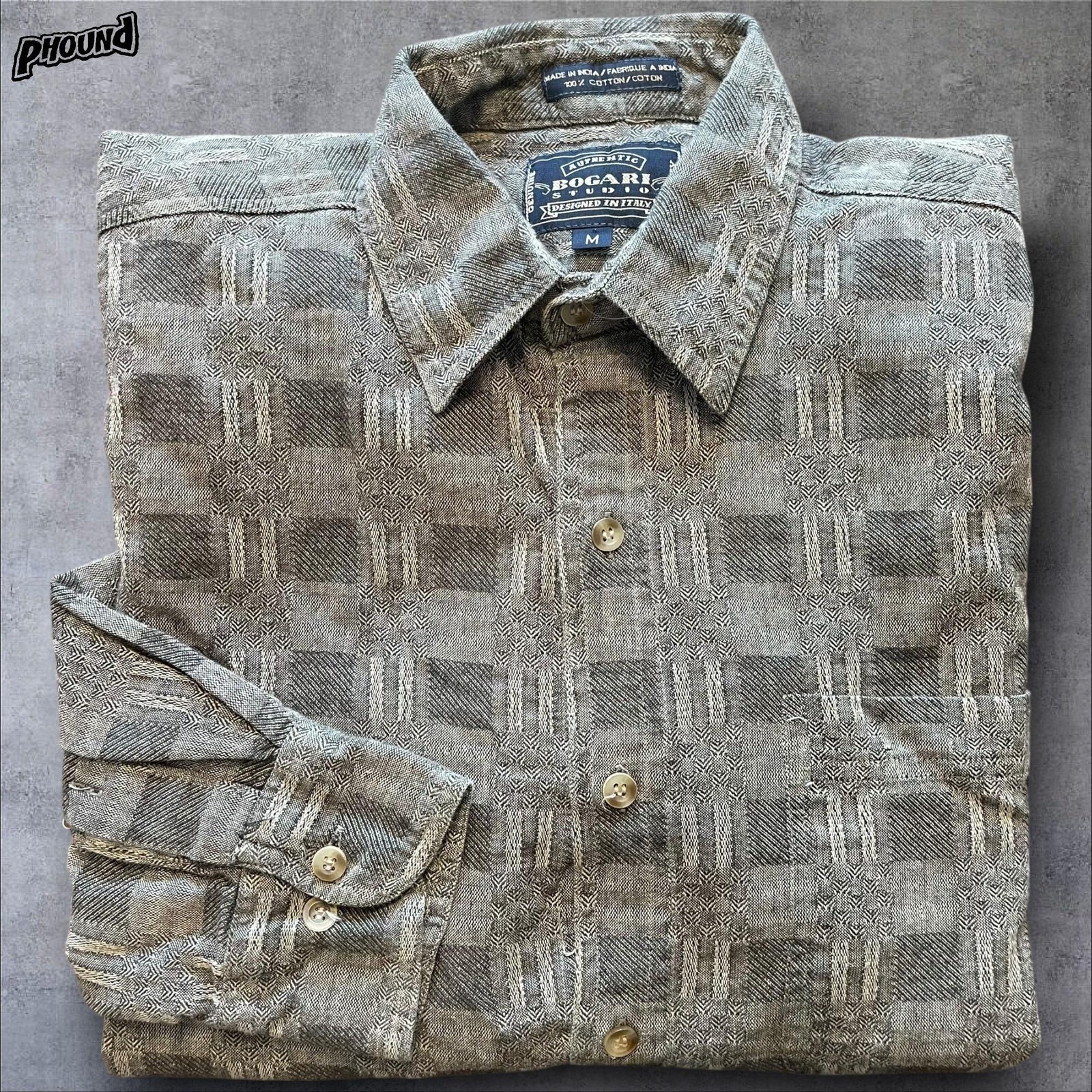 Bogari Studio Shirt Mens Medium Gray Textured Geometric Pattern Button Front