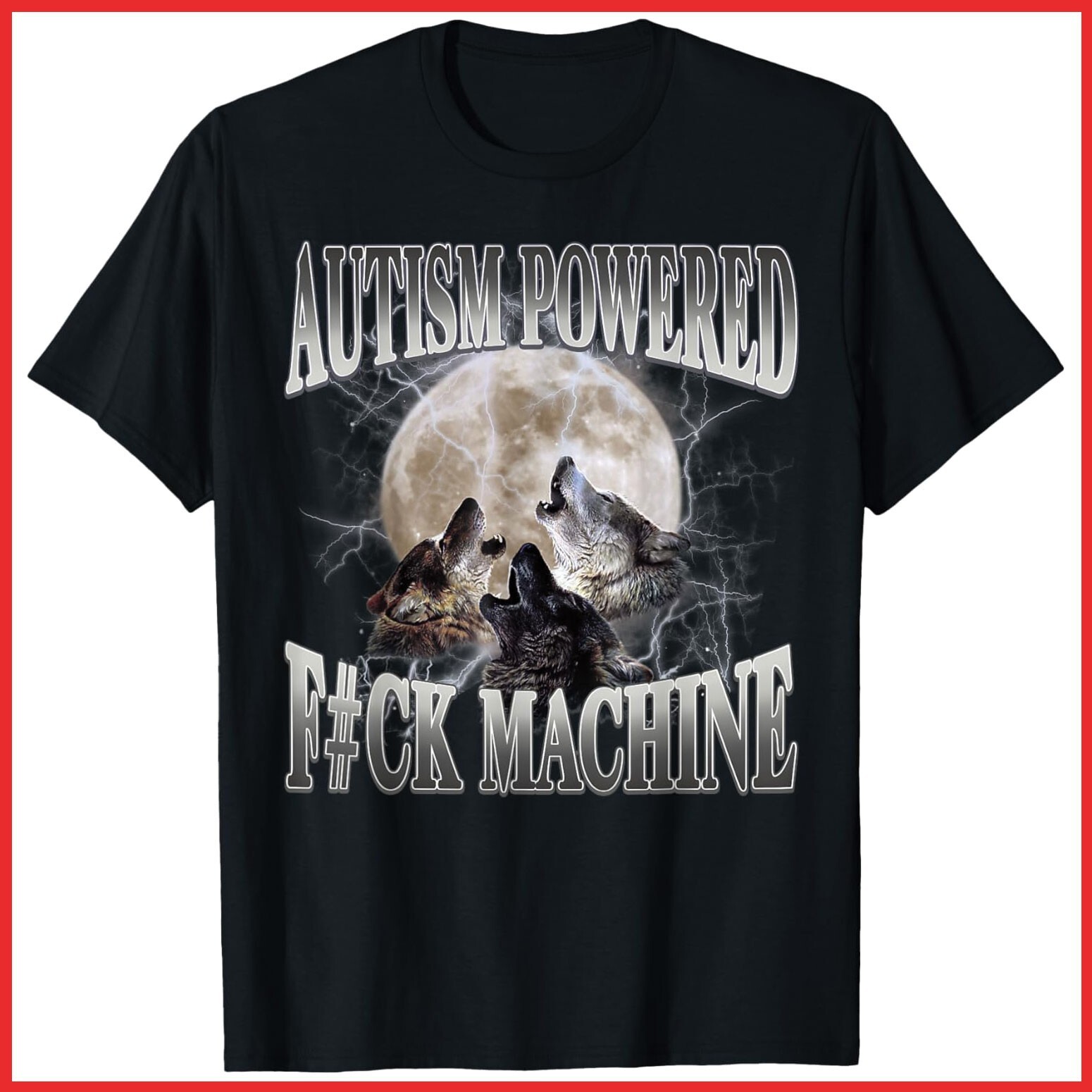 Autism Powered Fck Machine Funny Meme Wolf Autistic Black Cotton T-Shirt S-5XL