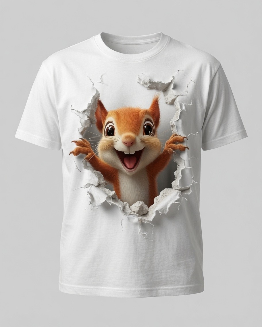 Cute Squirrel Breaking Through Shirt 3D Torn Wall Funny T-Shirt