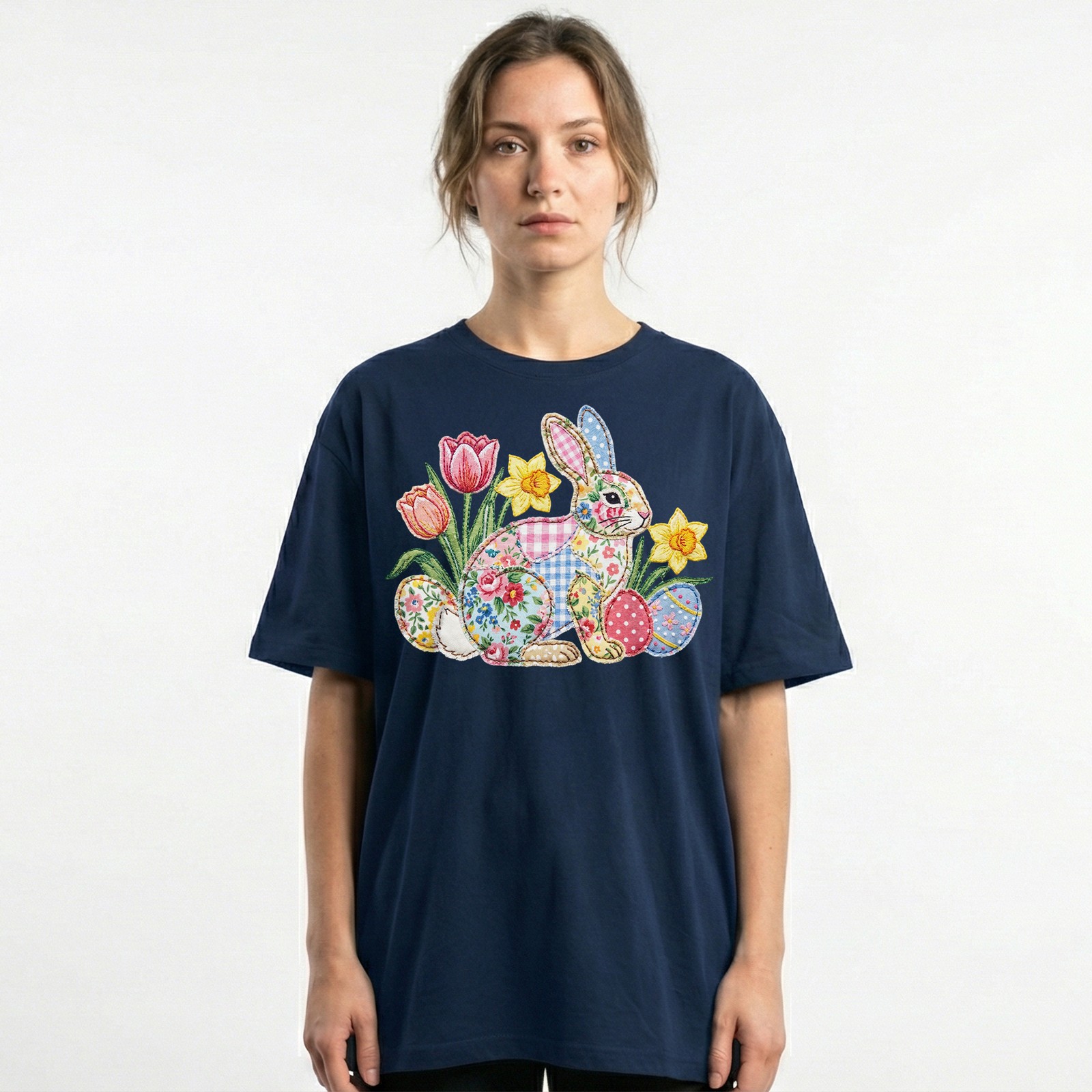 Easter Bunny Patchwork Floral Spring T-Shirt Holiday Cute Pastel Egg Lover Tee