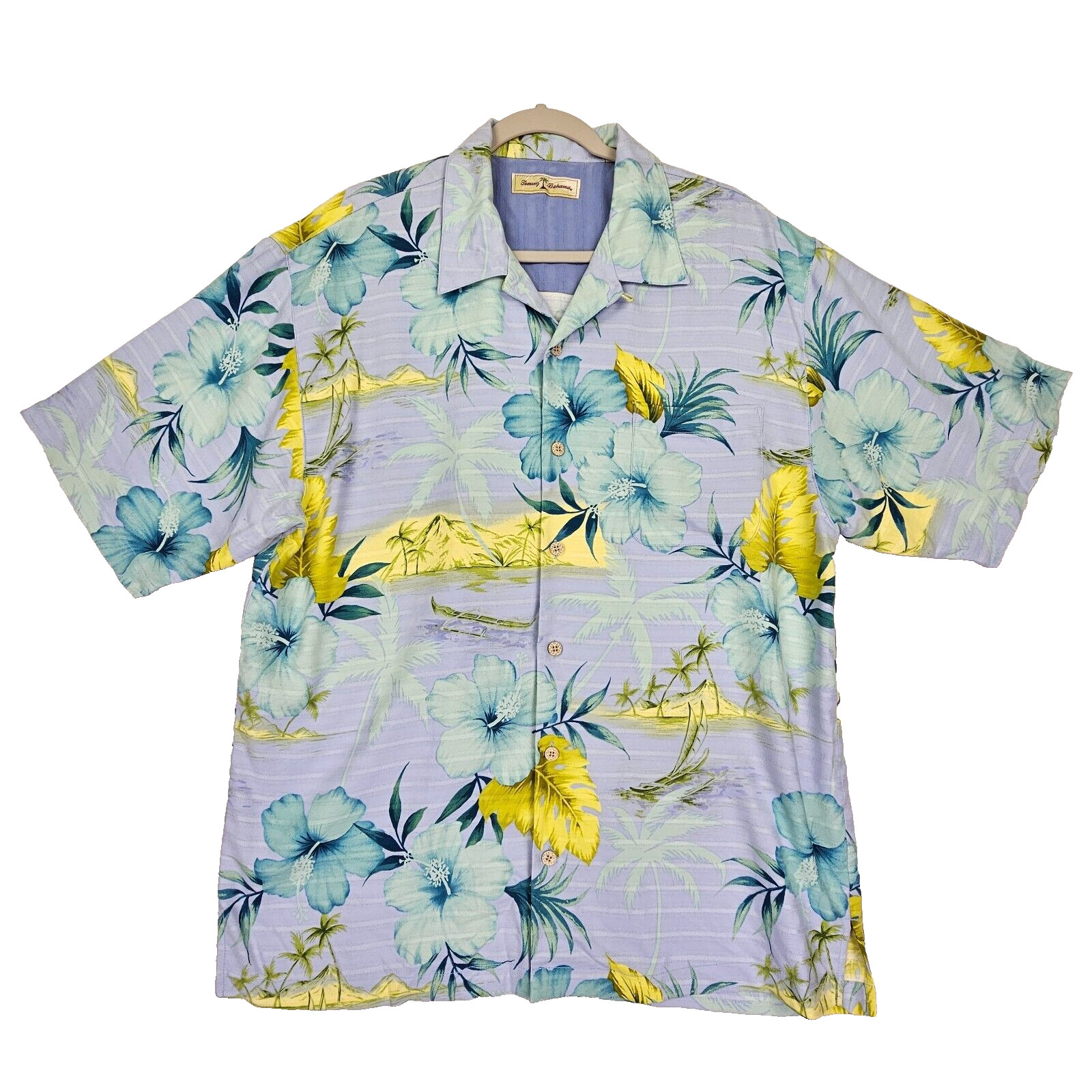 Tommy Bahama Silk Hawaiian Shirt Mens L Machine Wash Loop Collar Hibiscus