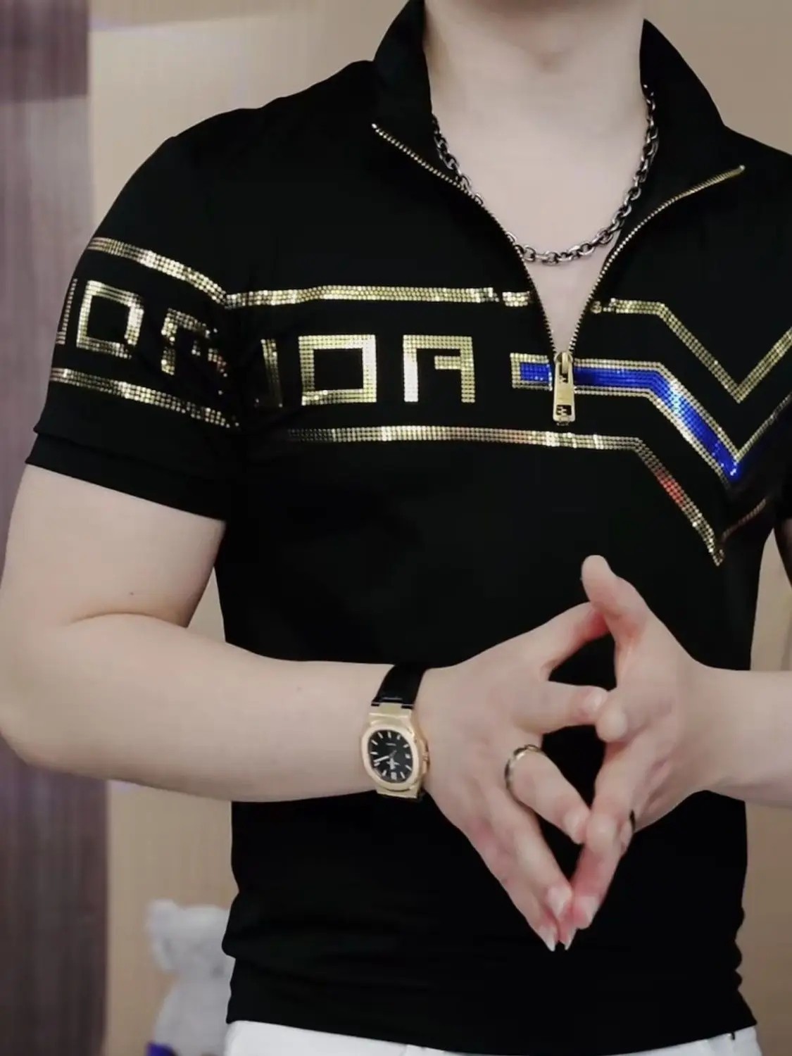 New Men Luxury Diamond Rhinestones Fashion Black Polo T-Shirt High Quality
