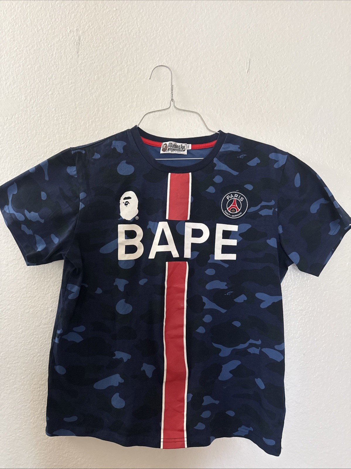 A Bathing Ape Men’s PSG Blue Camouflage Cotton Jersey T-Shirt Crew Neck XXL