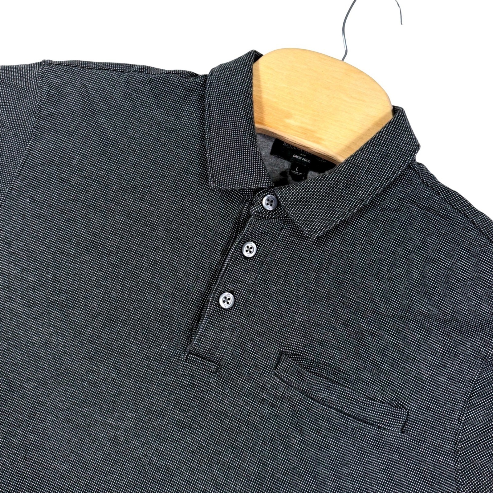 Banana Republic Mens L Dress Polo Shirt Charcoal Gray Textured Dot Pattern