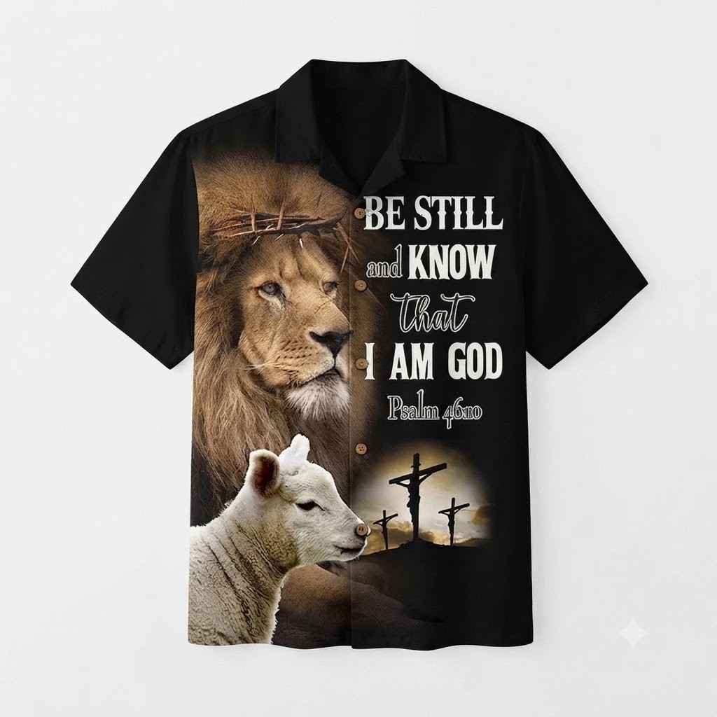 BE STILL And KNOW That I AM GOD Lion Lamb Cross Psalm 46:10 Black Hawaiian Shirt