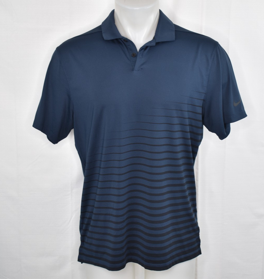 NIKE DRI-FIT Medium Men’s Short Sleeve Poly Spandex Golf Shirt Navy Black Print