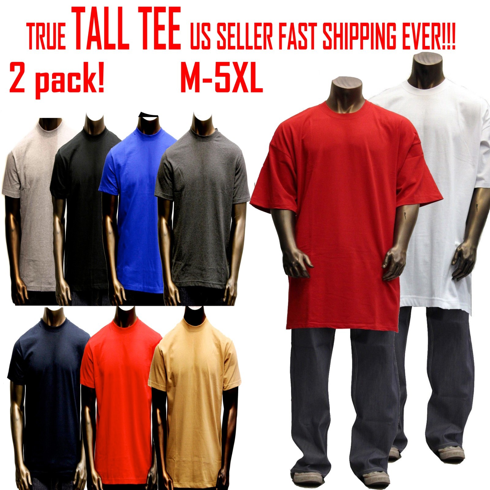 Big and Tall TEE Men Heavy Weight Plain S/S T-shirts Crew Neck Solid 2 pack