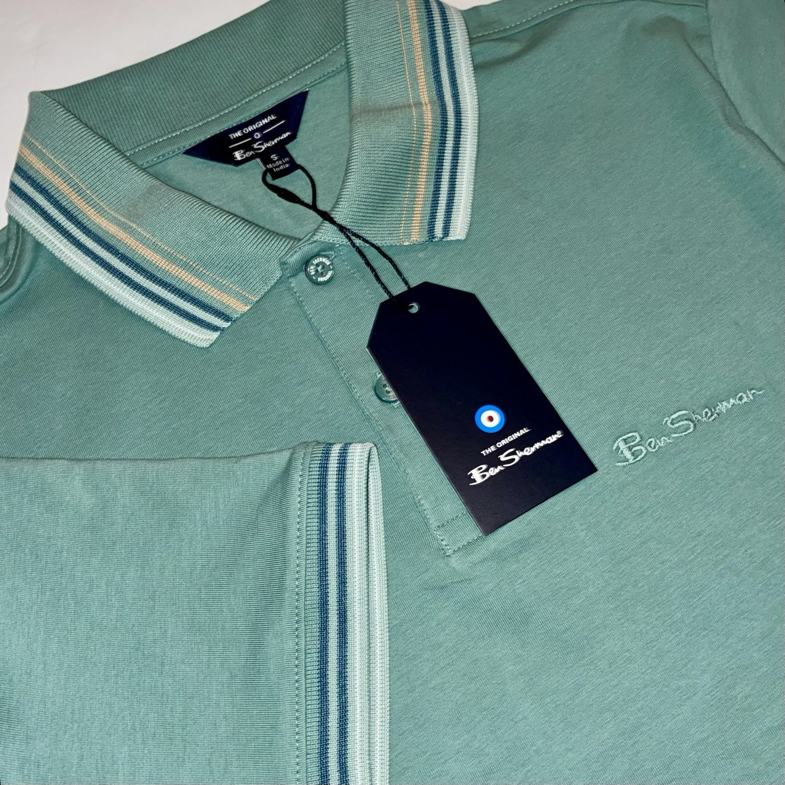 NEW Ben Sherman Green Contrast S/Sleeve Logo Polo Shirt Mens•S Cotton Button Up