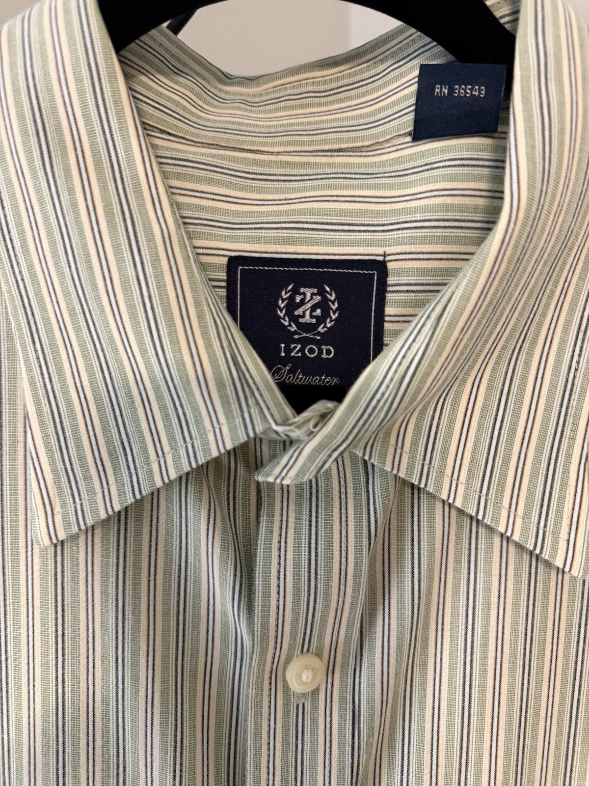 IZOD Saltwater Men’s XL 34/35 Green White Striped Cotton Pocket Dress Shirt