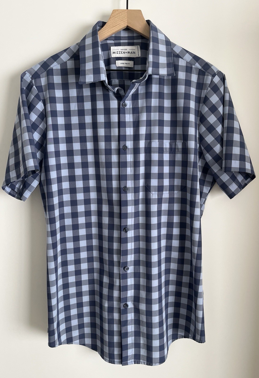 Mizzen + Main Men’s Blue Check Leeward Collection Trim Fit Short Sleeve Sz L