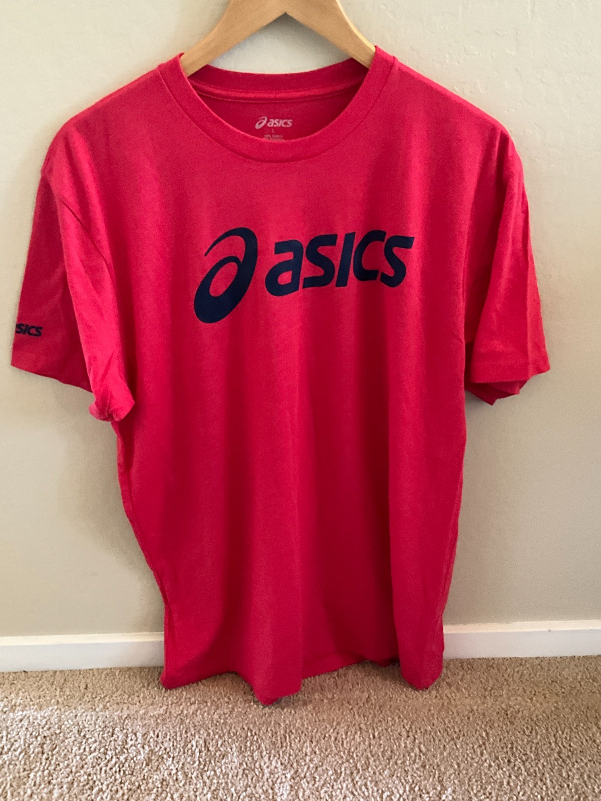 EXCELLENT Mens Asics Activewear T-Shirt Red Size L Dark Blue Logo 50/50 Blend