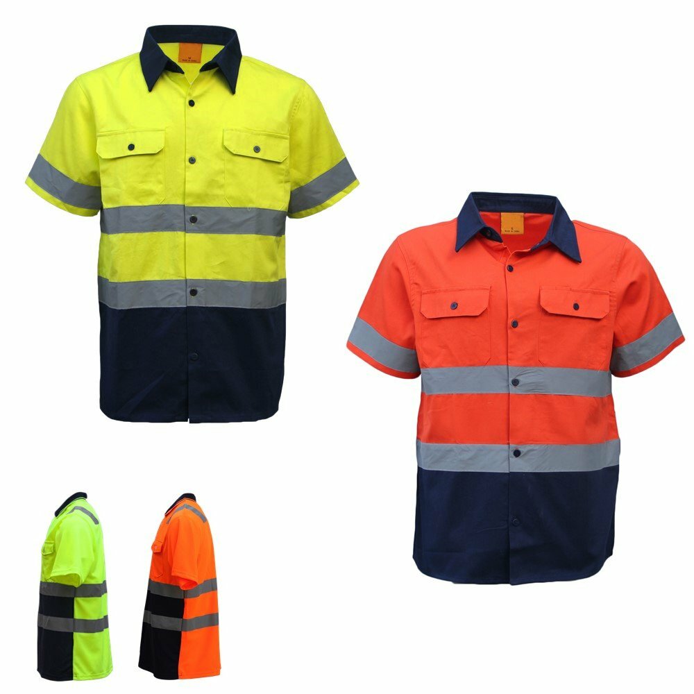 New 100% Cotton HI VIS Safety Short Sleeve Drill Shirt Workwear w Reflective Tap