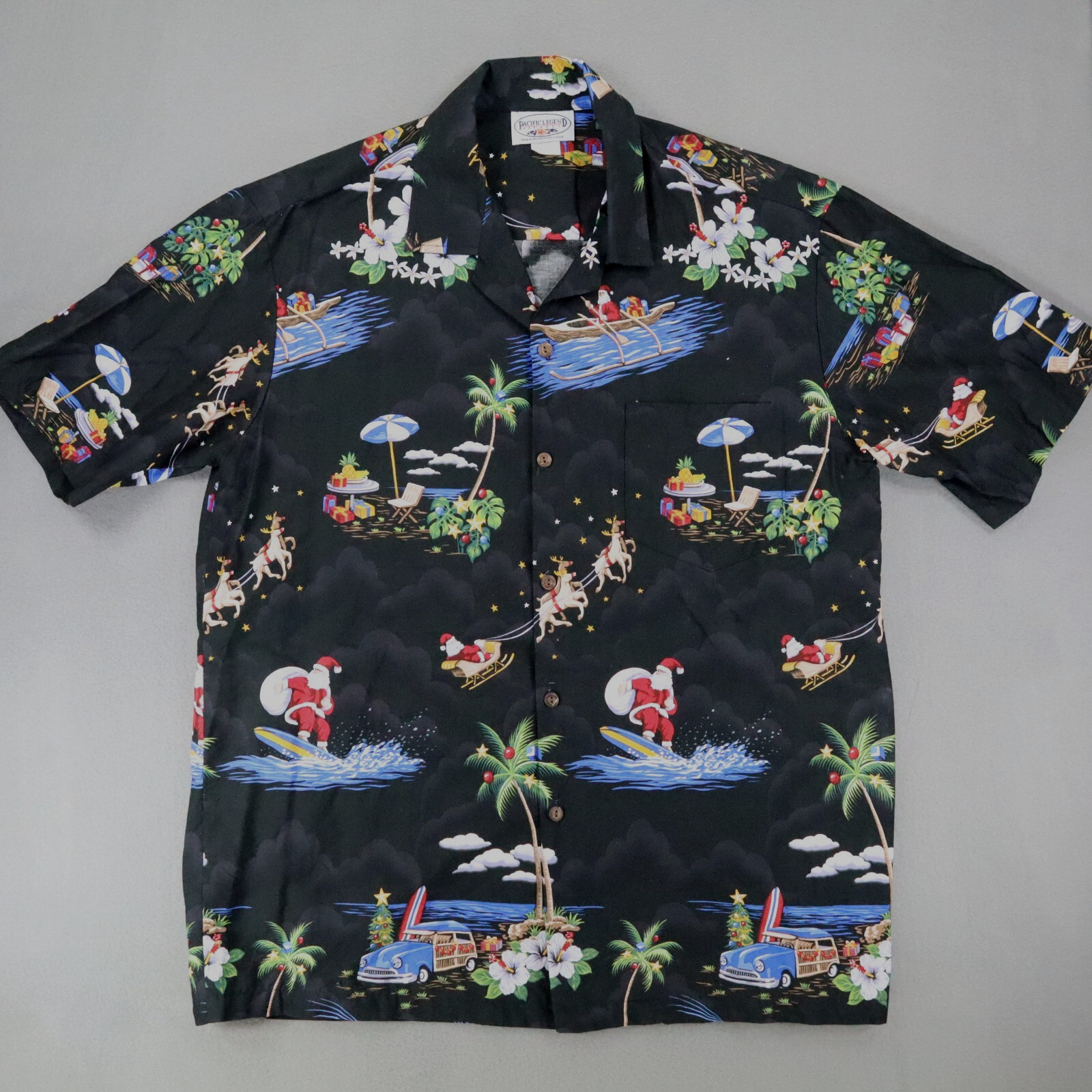 Pacific Legend Ugly Christmas Santa Surf Shirt Mens Size L Made USA Hawaiian