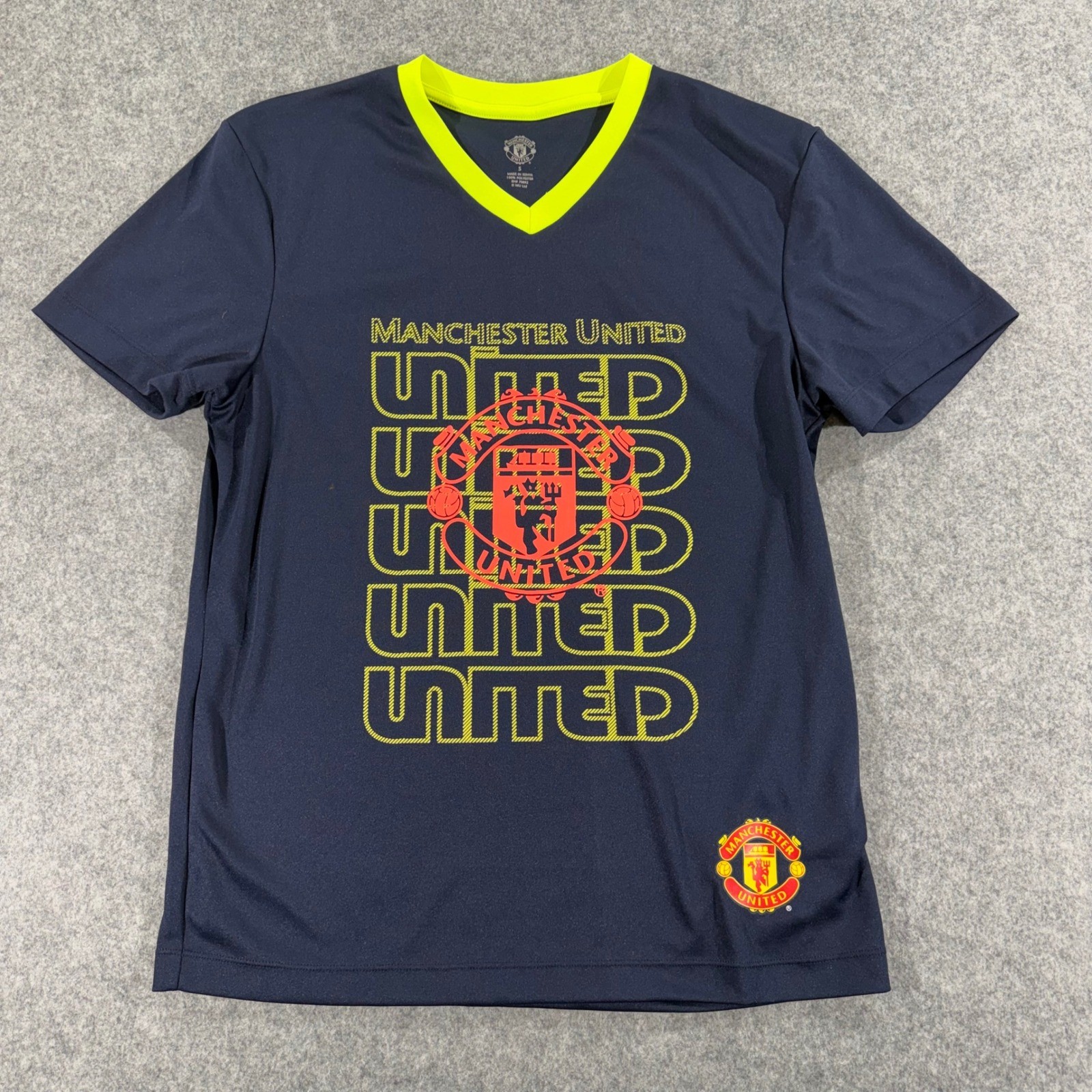 Manchester United Soccer Jersey Mens Small Navy Blue Neon Yellow V-Neck Shirt