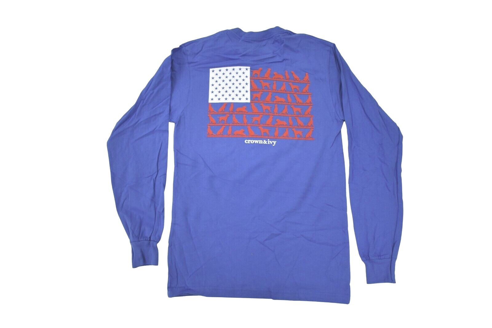 Crown & Ivy Mens Flag & Dog Logo Long Sleeve Royal Blue Shirt New S,M,L,XL,2XL