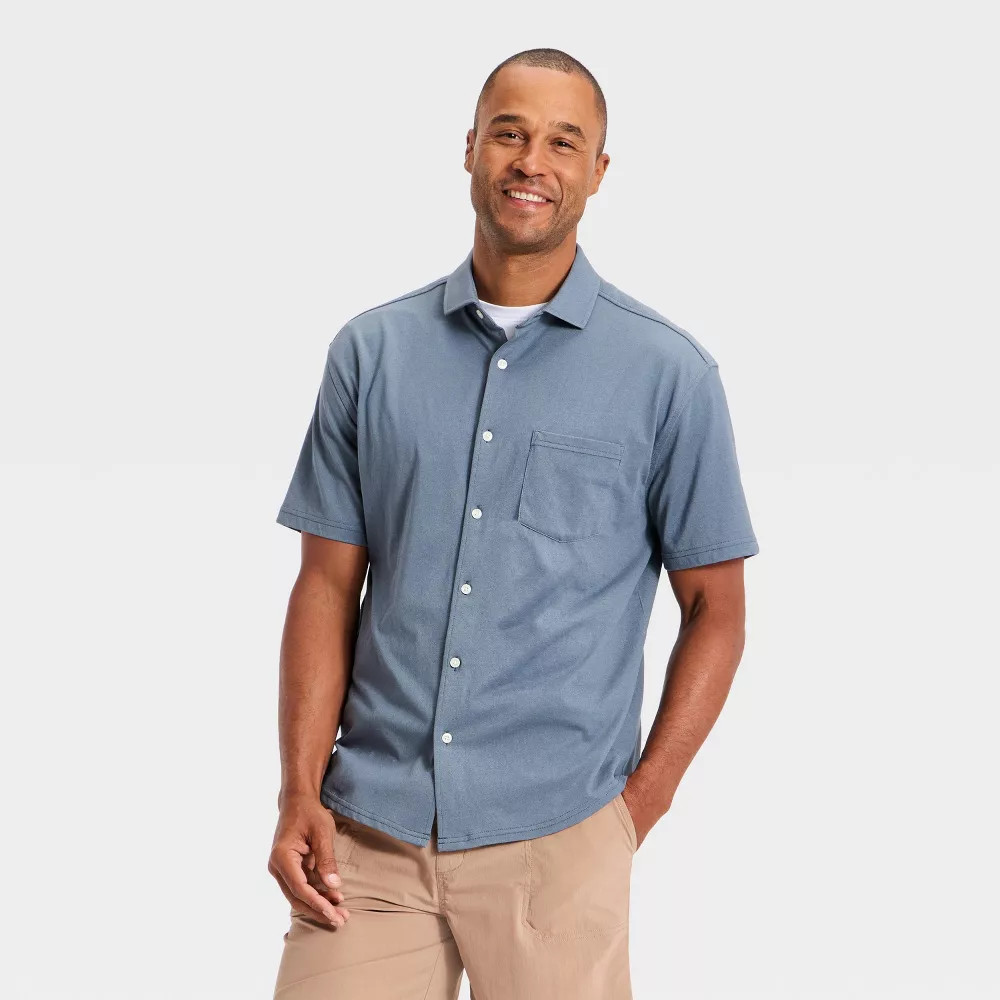 Men Short Sleeve Comfort Pique Button-Down Shirt – Goodfellow & Co Light
