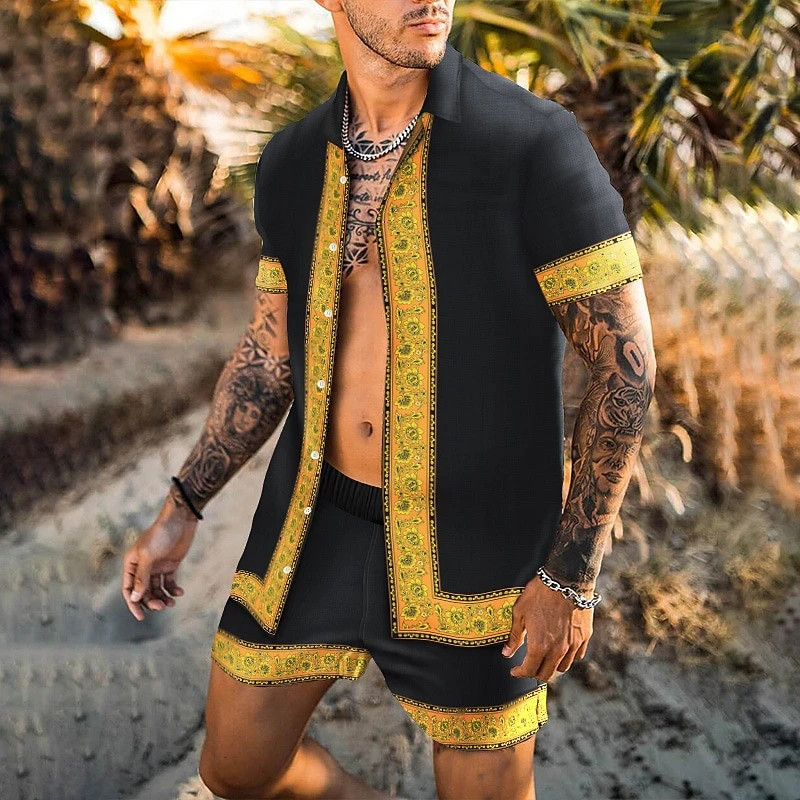 Men 2-Piece Set Summer Outfit Short Sleeve Sweatshirt T Shirts and Shorts Suits