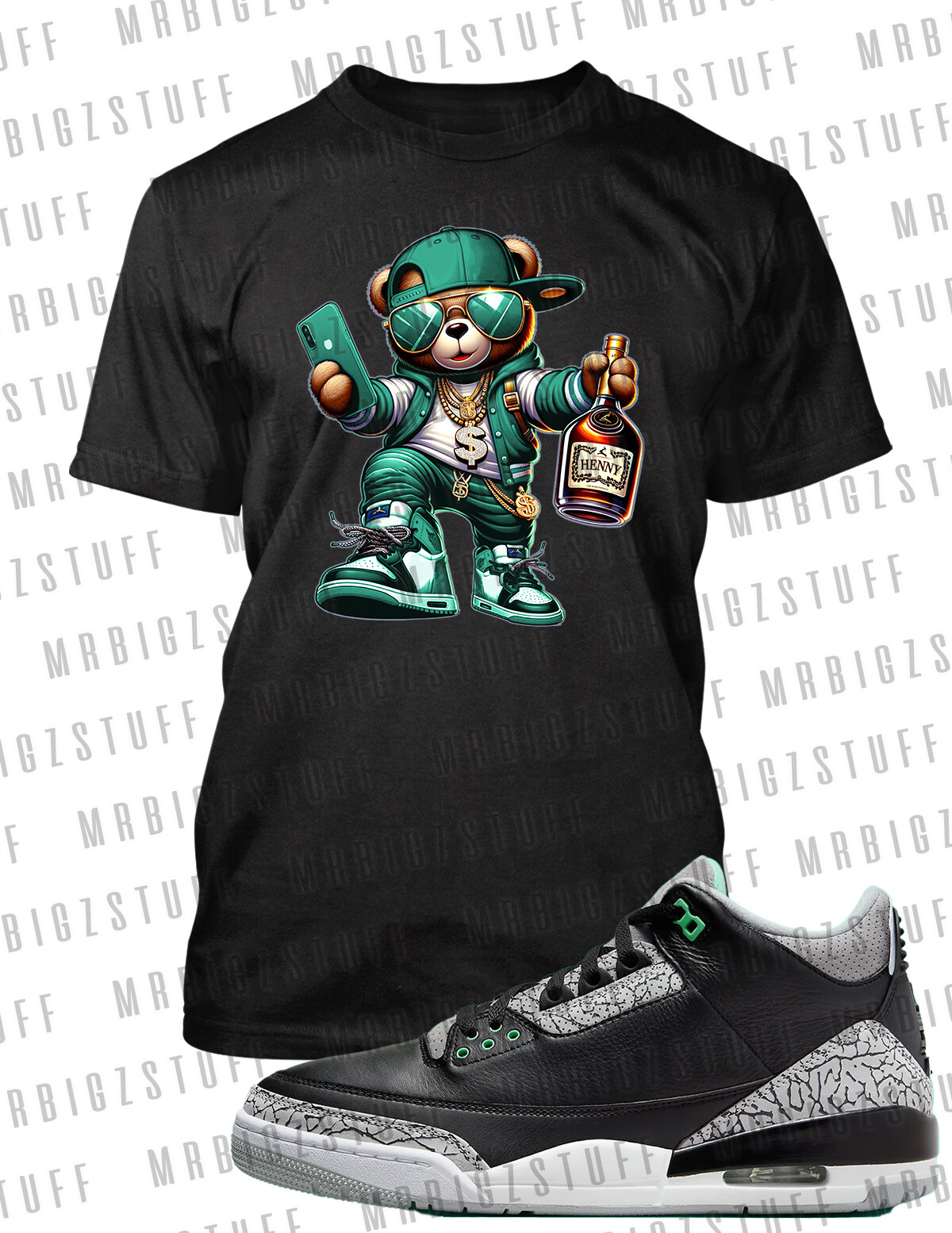 Henny Bear Streetwear Pro Club Shaka RTP Tee to Match J3 Green Glow Sneaker