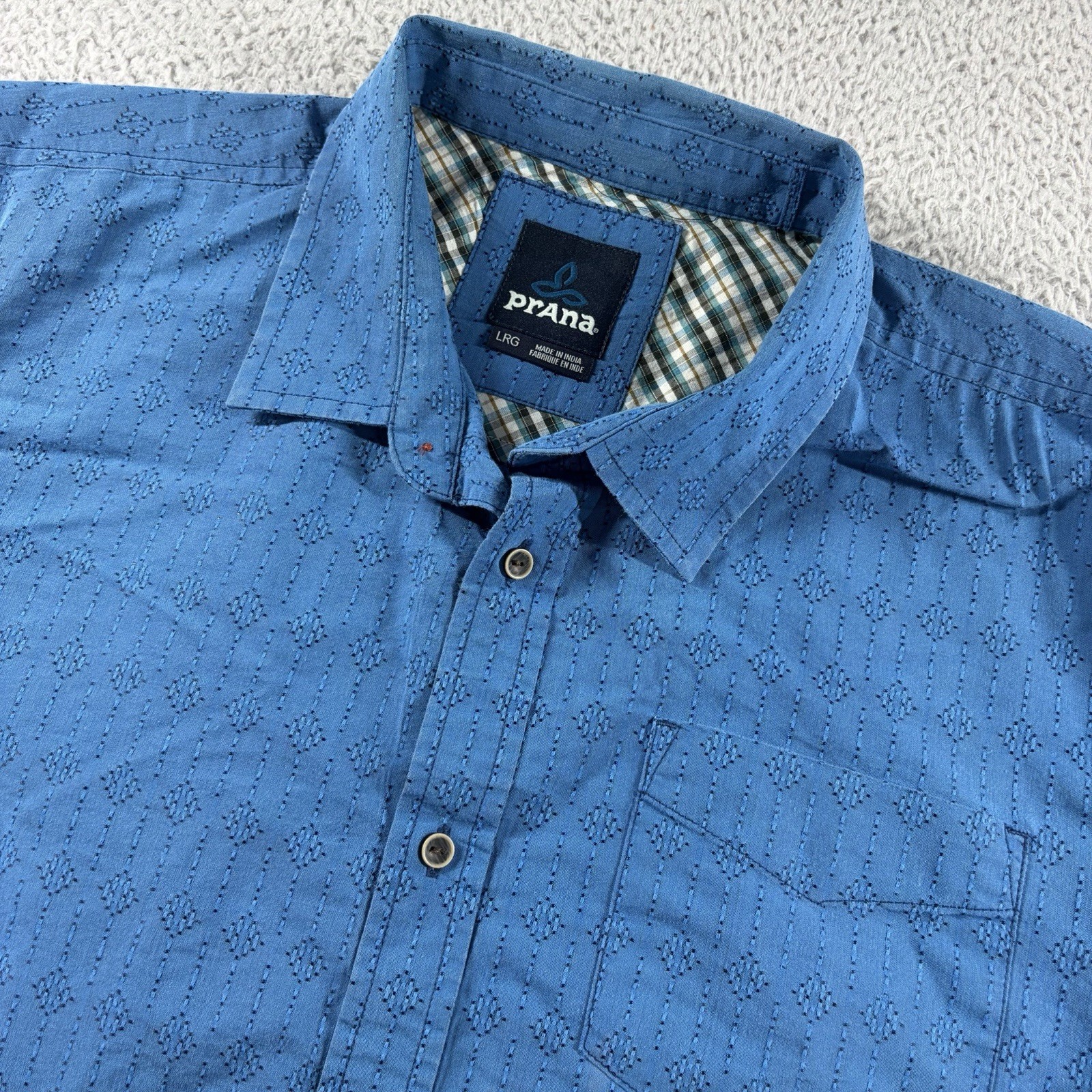 Prana Button Up Shirt Mens Large Blue Short Sleeve Textured Pattern Lightweight