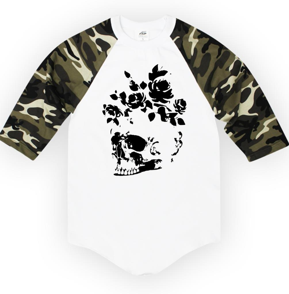 NEW PRINTED SKULL FLOWERS HIPSTER 3/4 SLEEVES REGLAN BASEBALL COTTON T-SHIRT