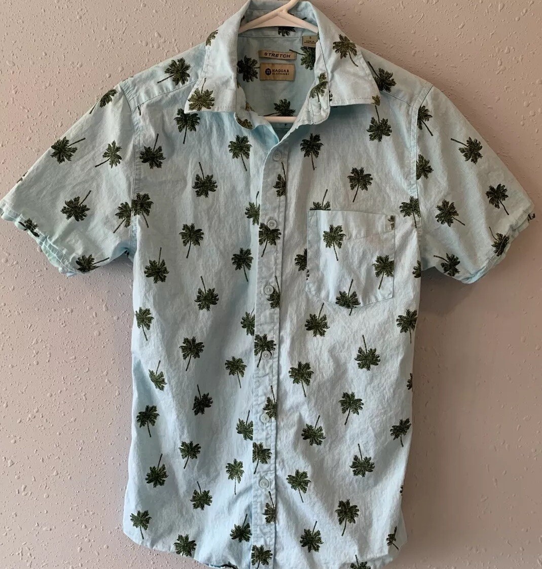 Haggar Clothing Stretch Short Sleeved Button Up Shirt Small Palm Trees Tropical
