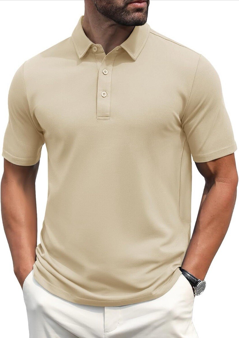 MAGCOMSEN Men’s Polo Shirts Short Sleeve Cotton Pique Golf Shirt Khaki Size L