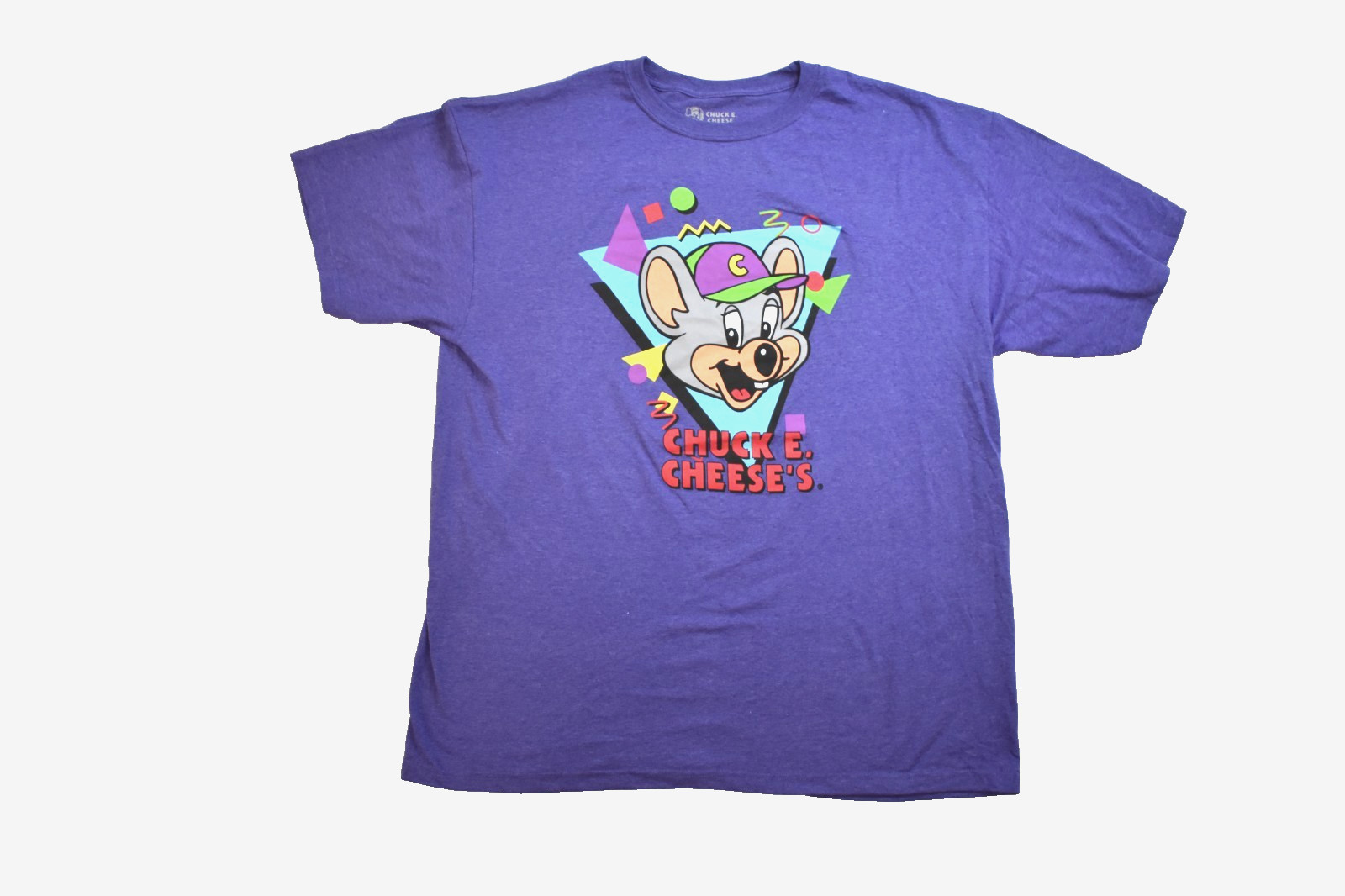 Chuck E. Cheese Mens Chuck E. Cheese’s Party Pizza Purple Shirt New S-2XL