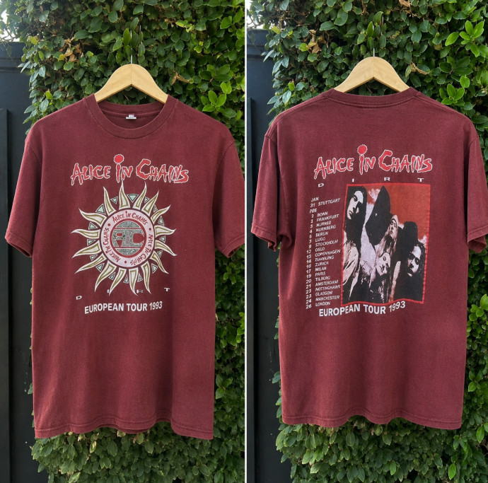 Alice in Chains European Tour 1993 Burgundy T-Shirt Front Back Graphic Tee