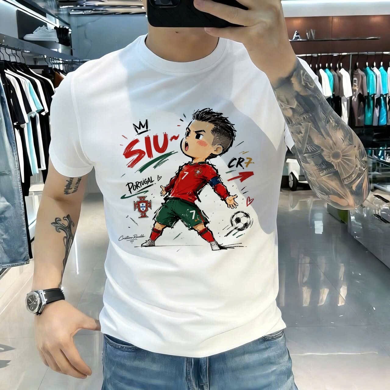Cristiano Ronaldo CR7 Cartoon Graphic T-Shirt Portugal Soccer Fan Tee White