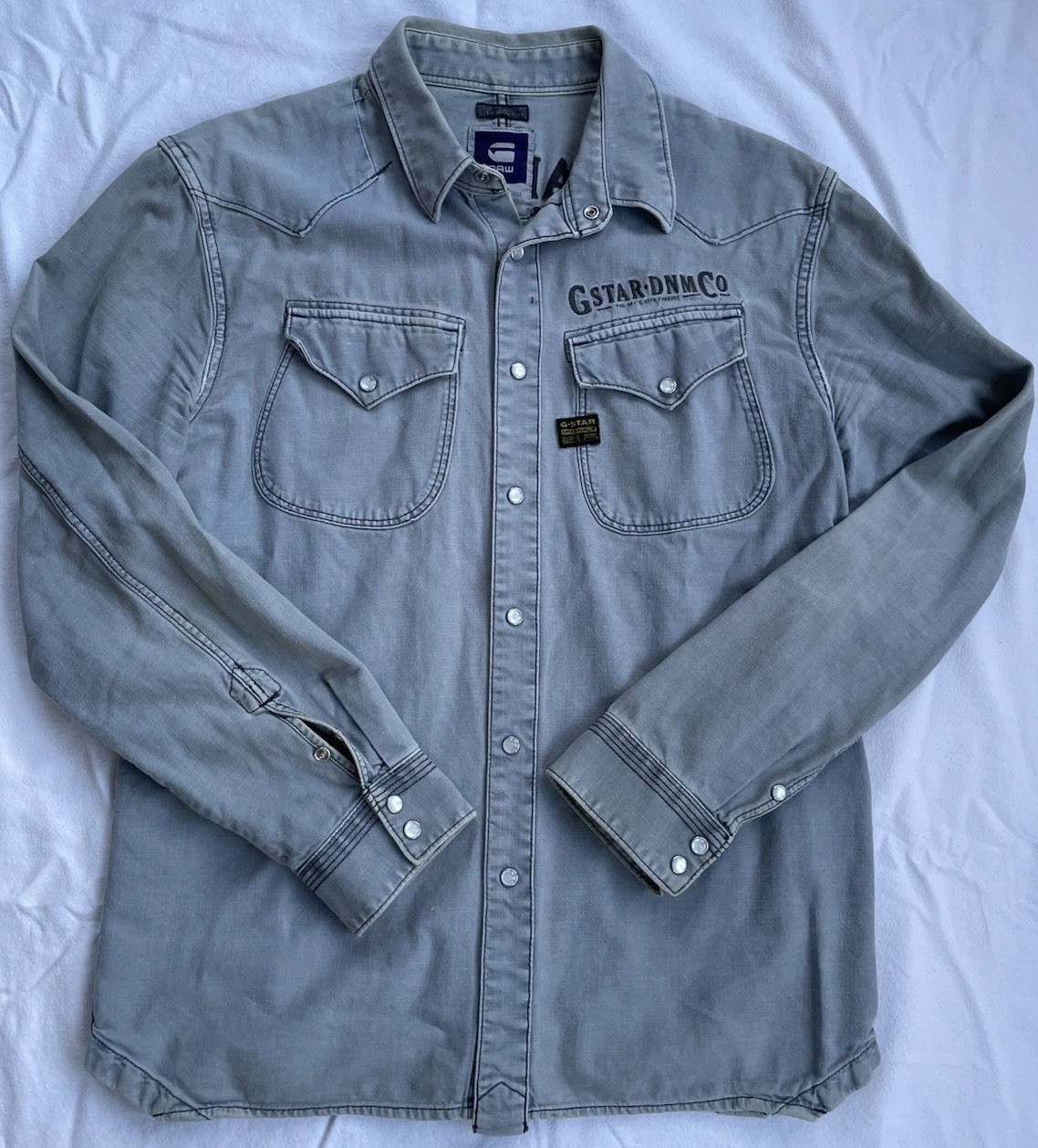 G-Star Raw Co Cowboy Diamond Shirt XL Blue Denim Faded Pearl Snap Western Rodeo