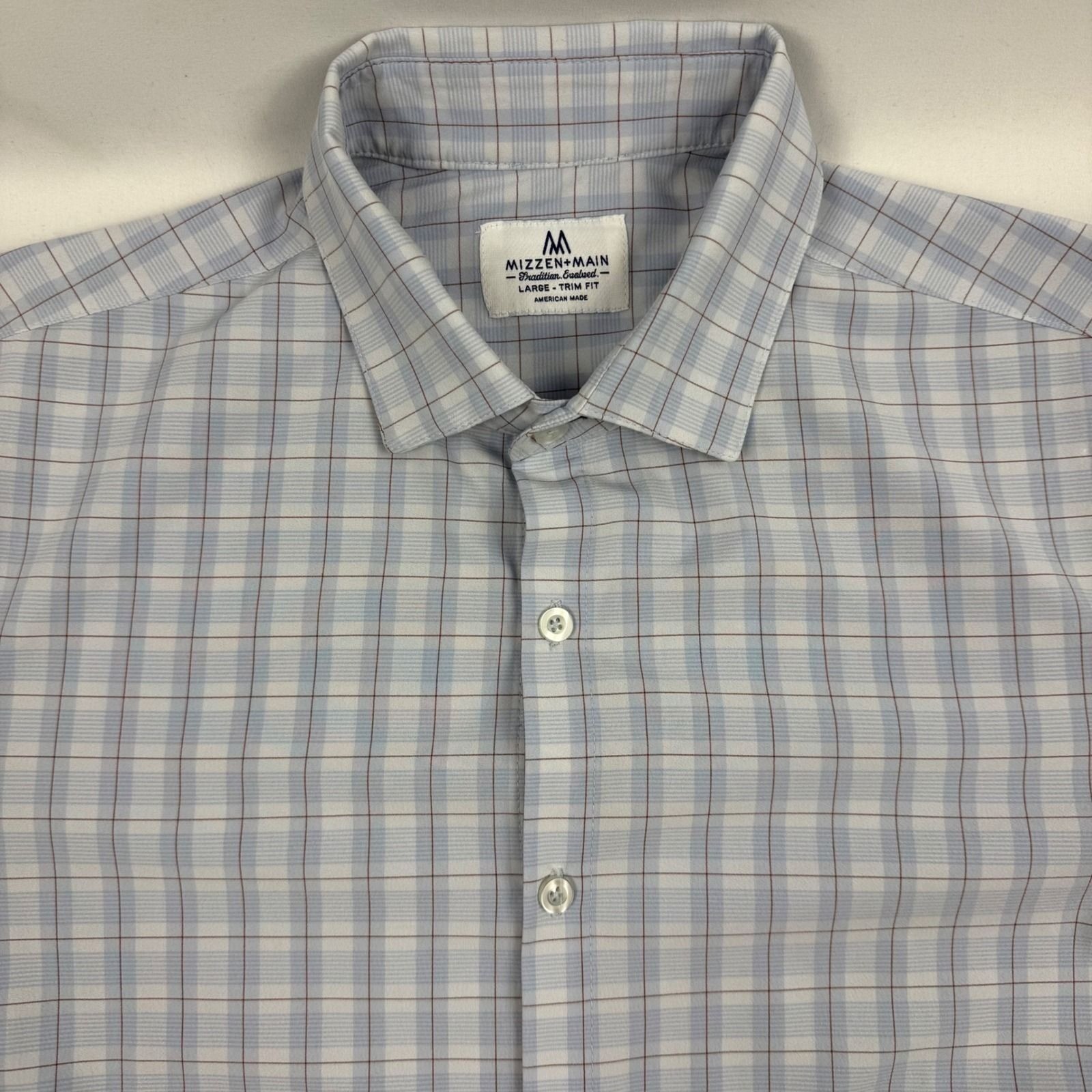 Mizzen+Main Mens Large Trim Fit Performance Plaid Dress Shirt Blue White Red