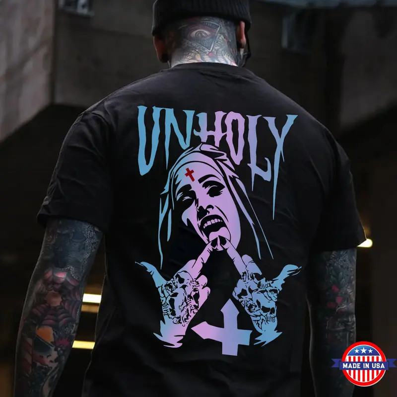 UNHOLY Nun Fluorescent Style Black Print Tee