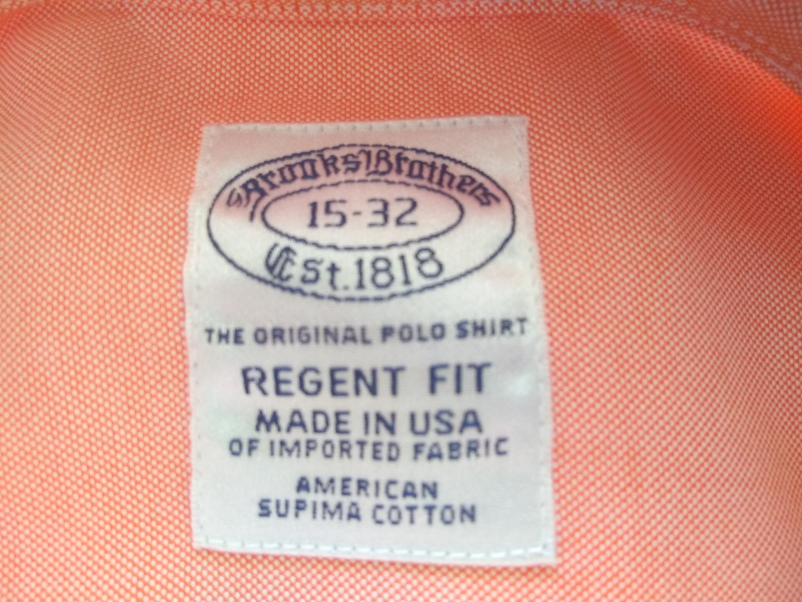 NWT Brooks Brothers Pastel Orange Supima Button Down 15-32 Regent MSRP $140