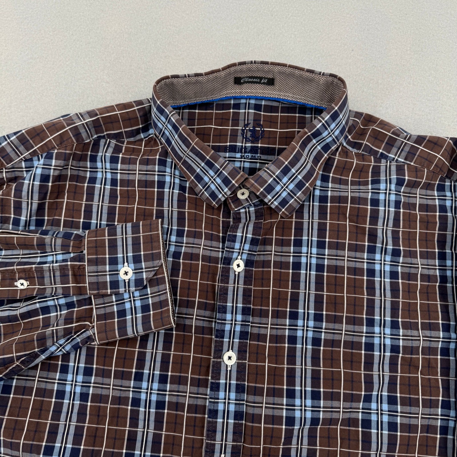 Bugatchi Uomo Mens XXL Classic Fit Plaid Button Down Shirt Brown/Blue Cotton
