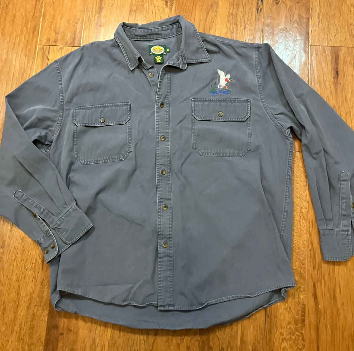 Cabelas Shirt Men XL Gray Canvas Button Up Embroidered Duck Hunting Gorp Outdoor
