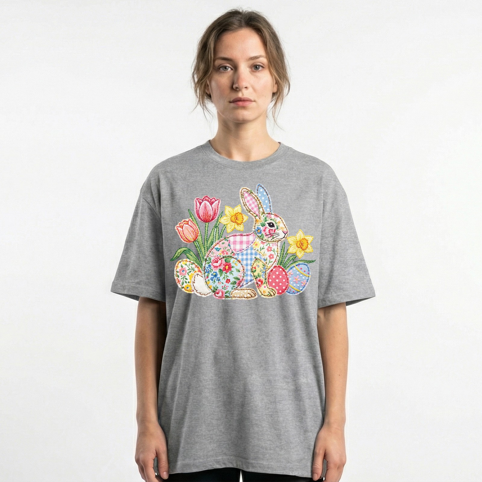 Easter Bunny Patchwork Floral Spring T-Shirt Holiday Cute Pastel Egg Lover Tee