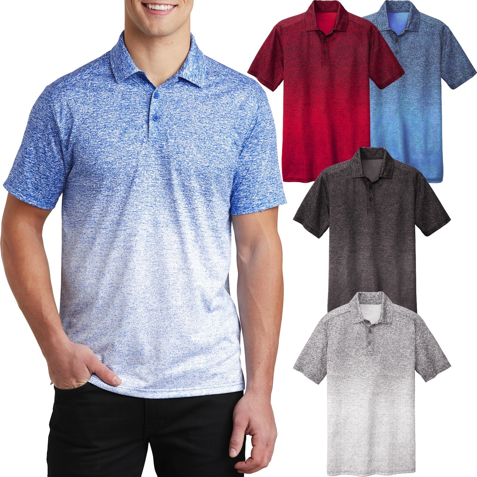 Mens Moisture Wicking Polo Shirt Heather Ombre DriFit XS S M L XL 2XL 3XL 4XL