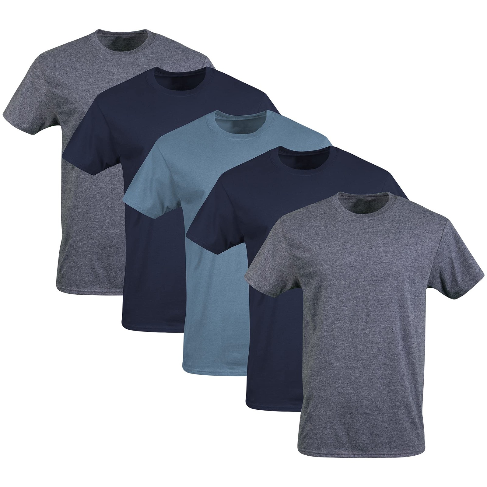 5Pack Mens Crew MoistureWicking T-Shirts,Cotton,(L) Navy/Heather Navy/IndigoBlue
