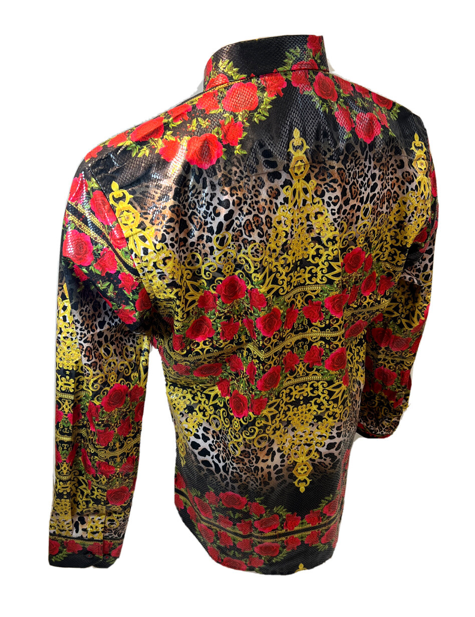 Button Down SHIRTS MEN BAROQUE LONG SLEEVE BLACK LEOPARD ROSES SNAKESKIN VS127
