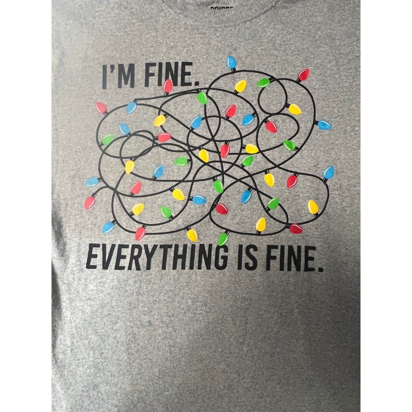 Brisco Brands Gray Im Fine Everything Is Fine Christmas Lights Novelty T-Shirt M